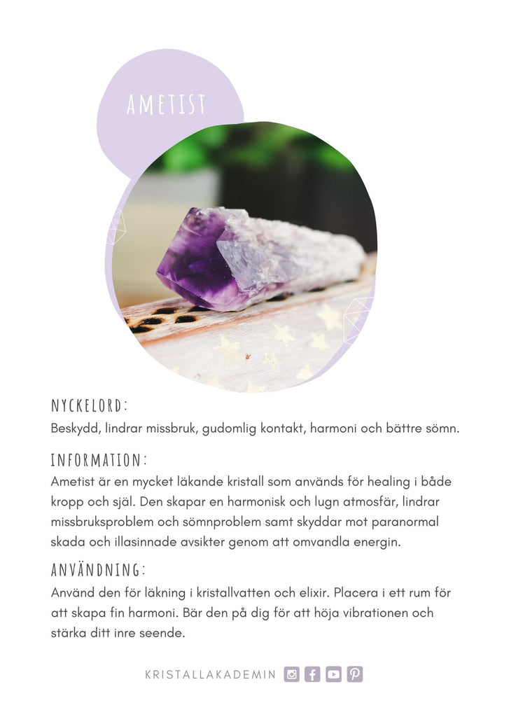 Informationskort om ametist som det ser ut i Kristallakademins lilla kristallguide